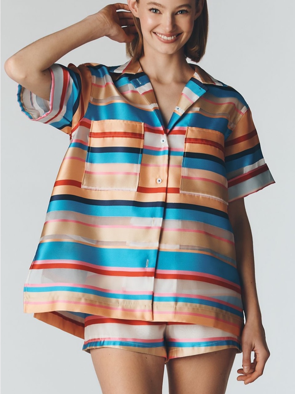 Maeve by Anthropologie Button-Up Shirt in blue, red, pink and sheer stripe.